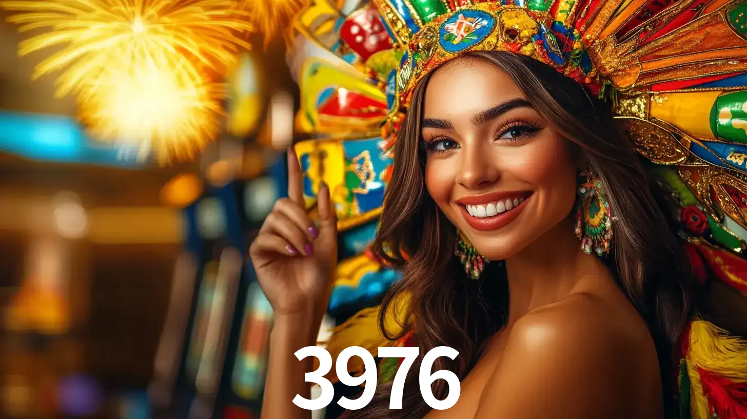 Mulher sorridente com um cocar de carnaval vibrante e colorido, celebrando uma grande vitória nos jogos do cassino 3976 com fogos de artifício ao fundo.