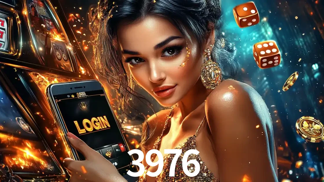 Mulher glamourosa segurando um celular com a tela de login do cassino 3976, rodeada por dados e moedas douradas, pronta para começar a diversão.