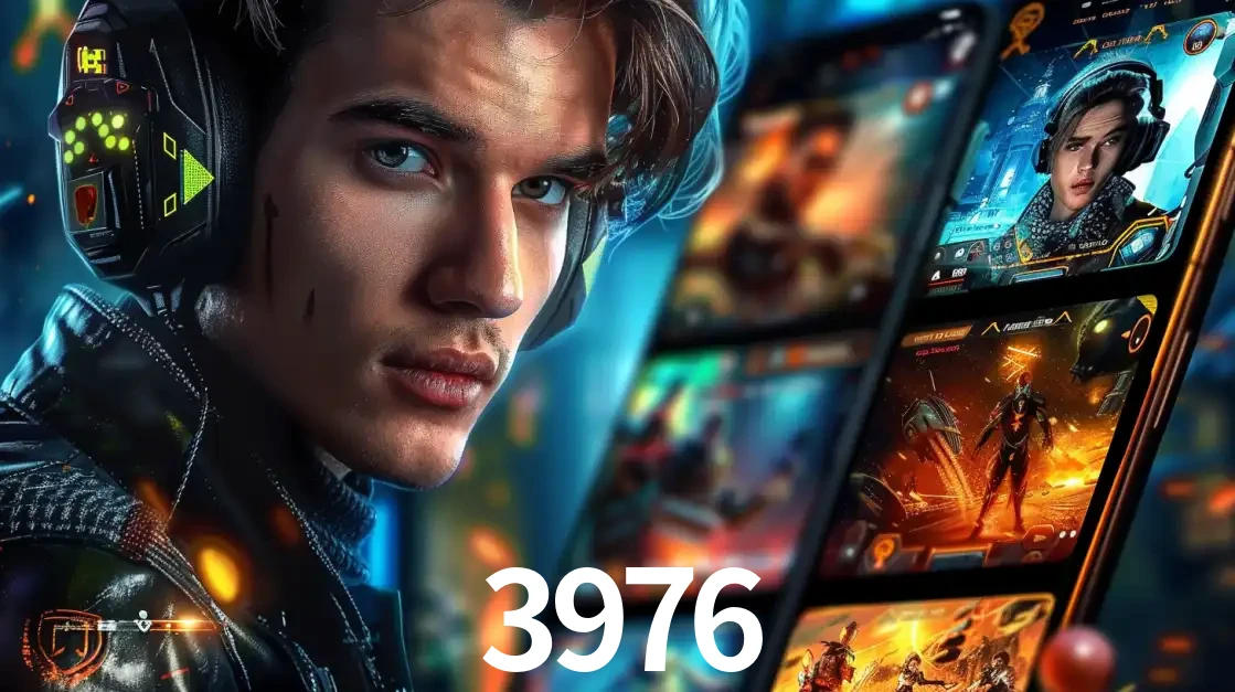 Jovem jogador com fones de ouvido olhando para a câmera, com um aplicativo de jogos e e-sports para celular ao fundo, pronto para a competição e apostas no 3976.