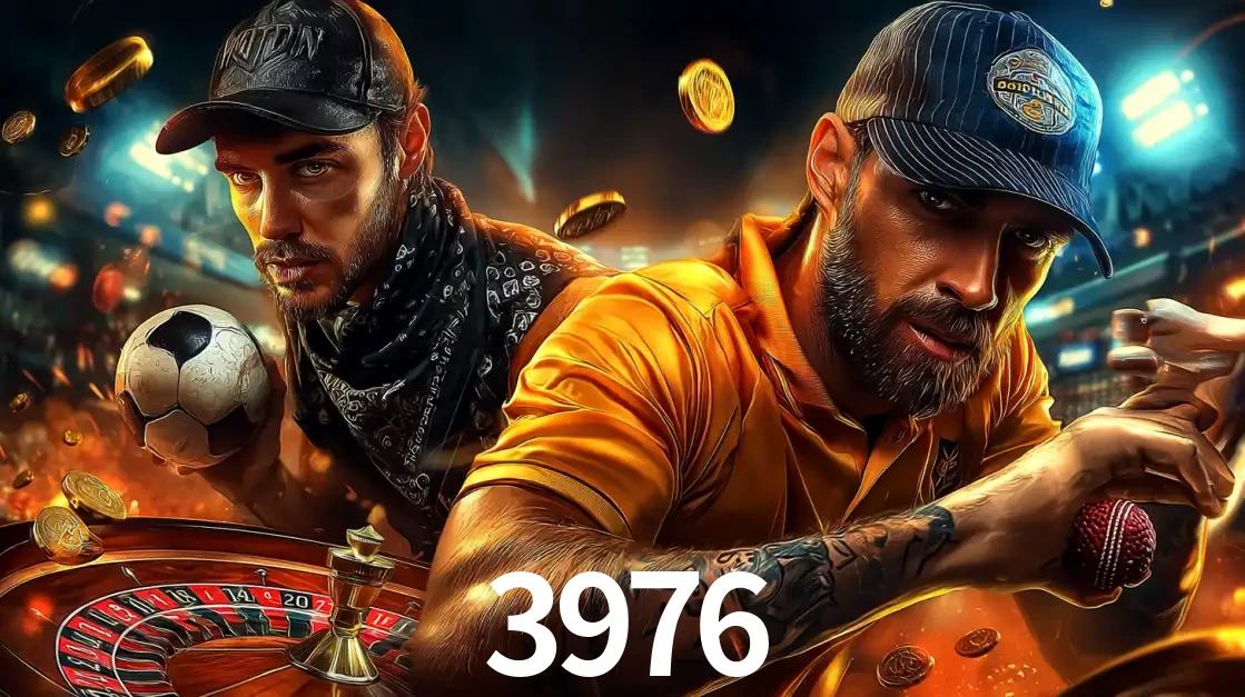 Montagem de apostas esportivas e cassino no 3976, com um homem segurando uma bola de futebol e outro uma de beisebol sobre uma roleta e moedas voadoras.