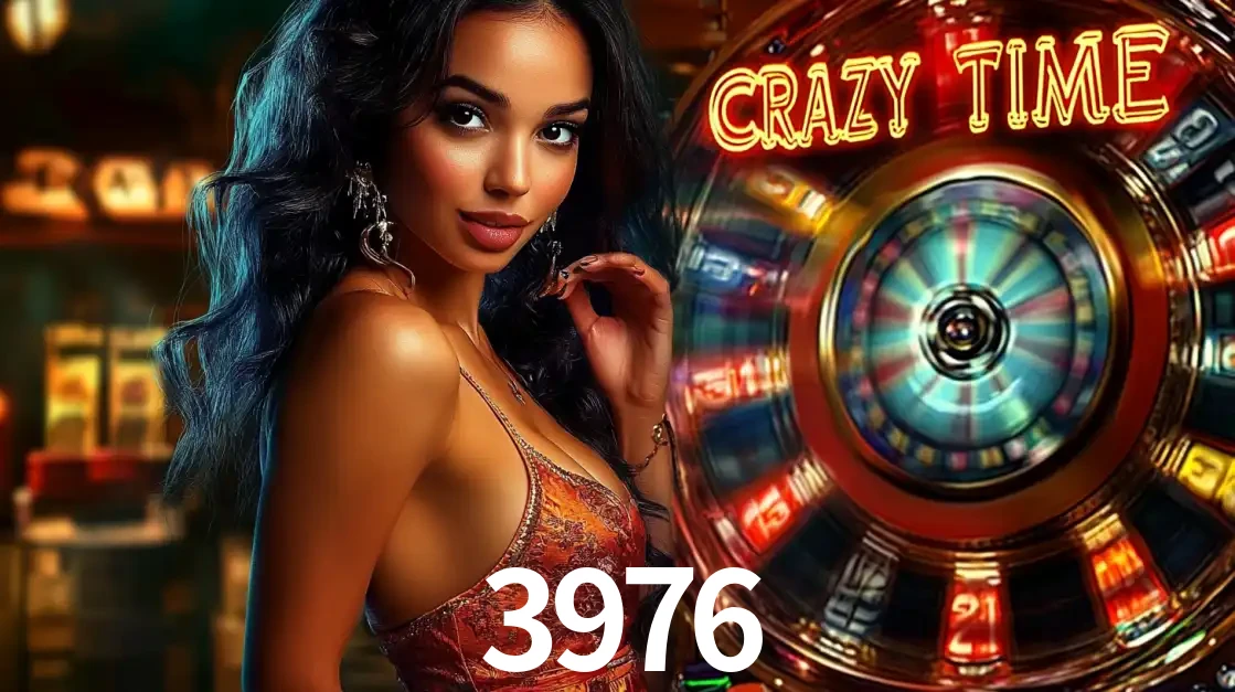 Mulher elegante ao lado da vibrante roda da fortuna do jogo de cassino ao vivo Crazy Time, um dos game shows mais populares e cheios de prêmios do 3976.