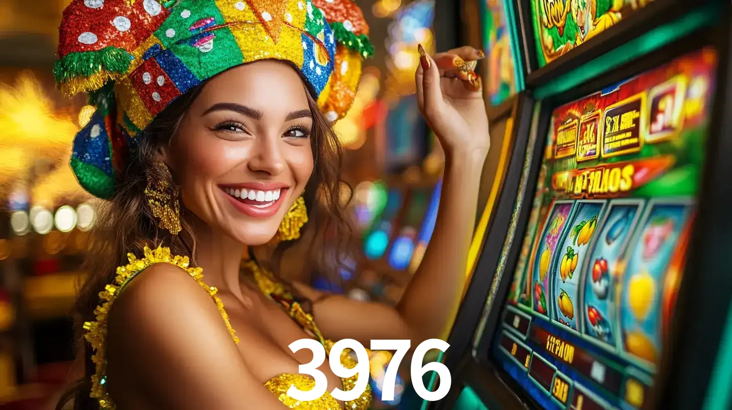 Mulher feliz com traje de carnaval amarelo e colorido ao lado de uma máquina de caça-níqueis, aproveitando a diversão e os jogos temáticos do cassino 3976.